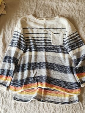 Striped Long-Sleeve Knit Top in White and Black with Sunset Accent